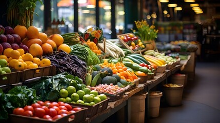 A fruit and vegetable market with a variety of fresh produce, including apples, oranges, pineapples, and broccoli. - obrazy, fototapety, plakaty