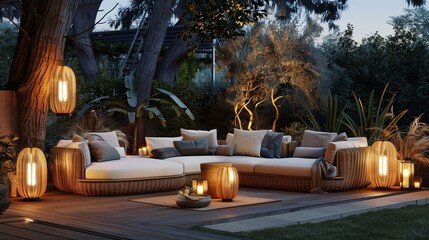 An upscale outdoor seating area featuring designer wicker furniture and ambient lanterns, perfect for intimate gatherings.