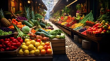 
Fresh and Colorful: A Market of Abundant Fruits and Vegetables, Farm-to-Table Delights: Fresh Produce at the Local Market, Harvest Season: Vibrant Fruits and Vegetables at the Farmers' Market, Health - obrazy, fototapety, plakaty