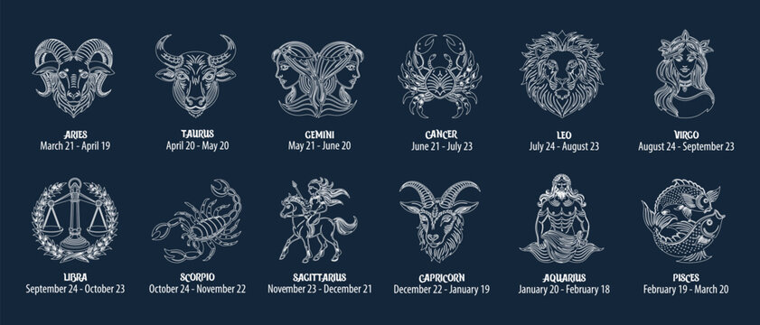 Set of zodiac signs, astrological horoscope signs. Contour white drawings on a blue background. Icons, vector