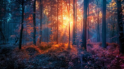 Sunset or sunrise in magic forest.