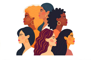 Group of women with different skin colors. Concept of individuality and uniqueness. Vector illustration in flat style 