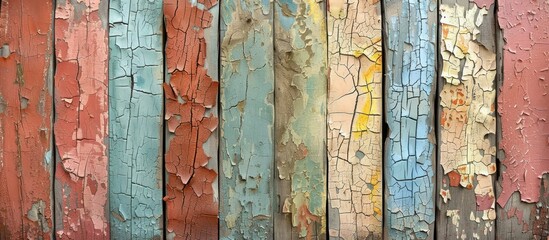 Detailed view of a weathered wooden fence showing signs of aging with peeling paint revealing the natural wood underneath. - obrazy, fototapety, plakaty