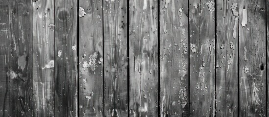 Detailed black and white photograph showing a closeup of a wooden fence, revealing its texture and patterns. - obrazy, fototapety, plakaty