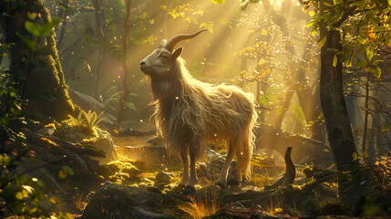 A mystical forest clearing where a solitary goat stands majestically, surrounded by shafts of golden sunlight, embodying the sacredness of Eid ul Adha. 8K - obrazy, fototapety, plakaty