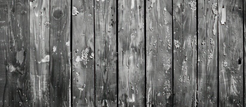 Detailed black and white photograph showing a closeup of a wooden fence, revealing its texture and patterns.