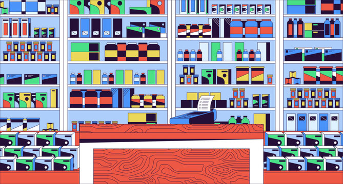 Pharmacy checkout counter cartoon flat illustration. Medication display 2D line interior colorful background. Pills drug store. Cabinet medicine. Pharmaceuticals shop scene vector storytelling image