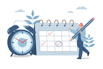 Planning important appointments, Scheduling activities or tasks, Schedule or business project management calendar, Business woman holds pencil with appointment calendar and alarm clock. Vector design. - Powered by Adobe