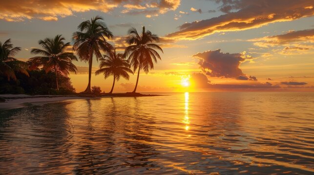 Beautiful sunset over the sea with coconut palm trees in the foreground