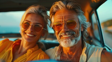 A happy elderly couple is driving a car along a country road. Travel, retirement, vacation and lifestyle concept.