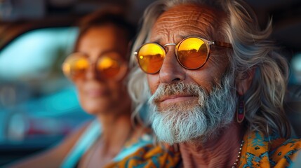 A happy elderly couple is driving a car along a country road. Travel, retirement, vacation and lifestyle concept.