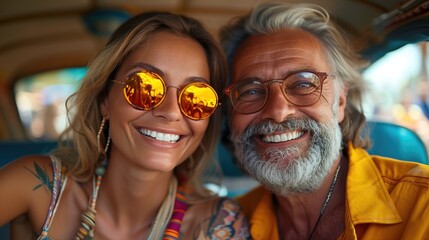 A happy elderly couple is driving a car along a country road. Travel, retirement, vacation and lifestyle concept.