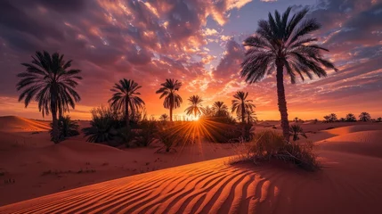 Photo sur Plexiglas Bordeaux Sunset over desert with palm trees and sand dunes