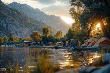 Amidst breathtaking mountains, a tent overlooks a serene river, offering a perfect spot for a vacation adventure.