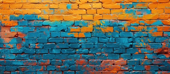 A brick wall featuring vibrant orange and blue colors painted on it, creating a striking visual contrast.