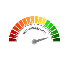 Self awareness level on measure scale. Instrument scale with arrow. Colorful infographic element.