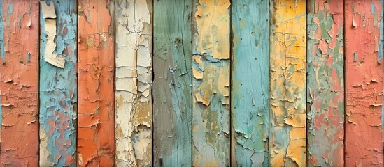 Close-up view of a weathered wooden wall showing peeling paint, revealing the rustic and aged texture of the wood.