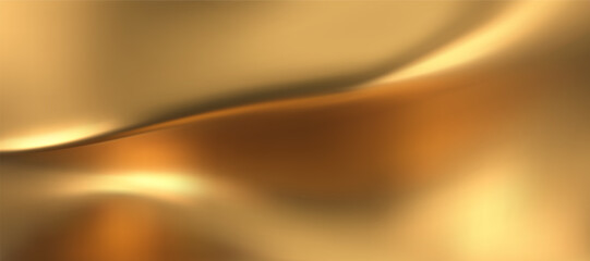 3d gold liquid silky background, golden fabric or metal foil smooth texture. Render of luxury cloth or curtain with wavy folds and shiny gradient effect flying in motion. 3d vector gold silk material.