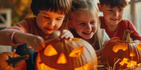 Poster Kinder schnitzen einen Kürbis für Halloween © stockmotion
