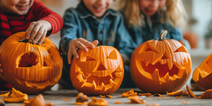 Kinder schnitzen einen K&uuml;rbis f&uuml;r Halloween