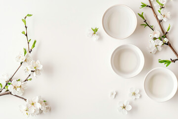 Obraz na płótnie Canvas Spring Table Setting with Cherry Blossoms and White Plates on Neutral Background