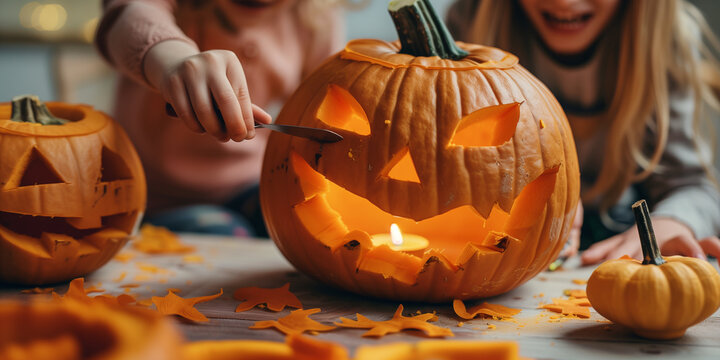 Kinder schnitzen einen K&uuml;rbis f&uuml;r Halloween