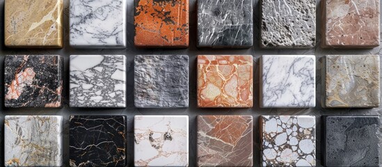A bunch of marble tiles in a variety of colors, showcasing the natural beauty and diversity of the stone material.