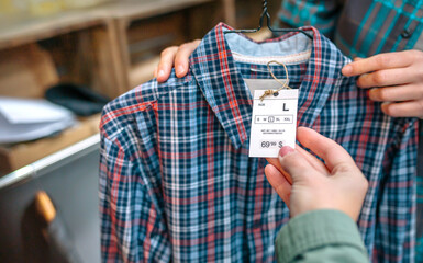 Close up of unrecognizable woman client hand holding label of plaid shirt on clothing shop. Female...