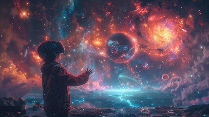 Little cute boy wearing virtual reality glasses with amazing background of virtual images of outer futuristic space.