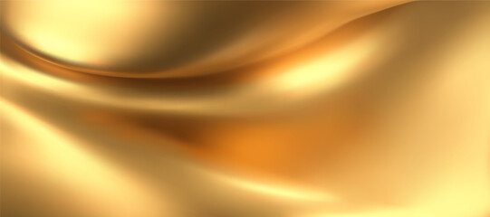 3d gold liquid silky background, golden fabric or metal foil smooth texture. Render of luxury cloth or curtain with wavy folds and shiny gradient effect flying in motion. 3d vector gold silk material.