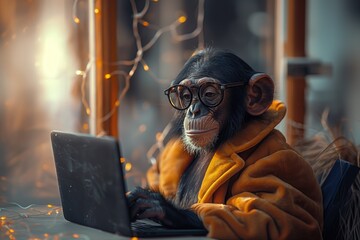 Business monkey works on a laptop computer in the home office internet. Concept of online communication during quarantine period, business, negotiations or online shopping - obrazy, fototapety, plakaty