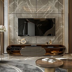 TV frame mock up in the modern living room with marble decoration, in luxury style 