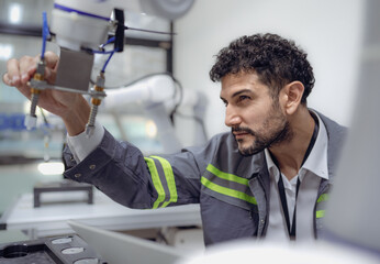 Latino robotic development engineer working robot arm connection control at electronic futuristic...
