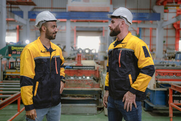 Skilled manager on job training hispanic technician working in heavy steel production factory. Latino engineer and team standing at manufacturing facility examining talking product material machinery