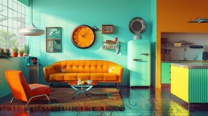 A vivid retro-styled living room with a teal wall, orange furniture, and vintage decorations, reflecting a mid-century modern aesthetic.