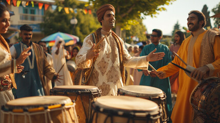 A traditional drum circle performing lively rhythms, spreading joy and excitement during Eid Mubarak celebrations. 8K. - obrazy, fototapety, plakaty