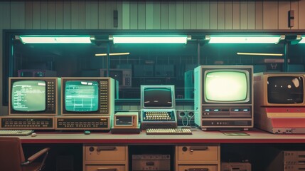 A well-preserved collection of vintage computers, displaying glowing screens in a classic computer lab setting, evokes the early days of digital era.