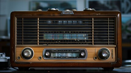 Fototapeta premium Close-up of an elegant wooden vintage radio receiver with intricate details, placed on a table, a testament to the golden age of analog broadcasting.