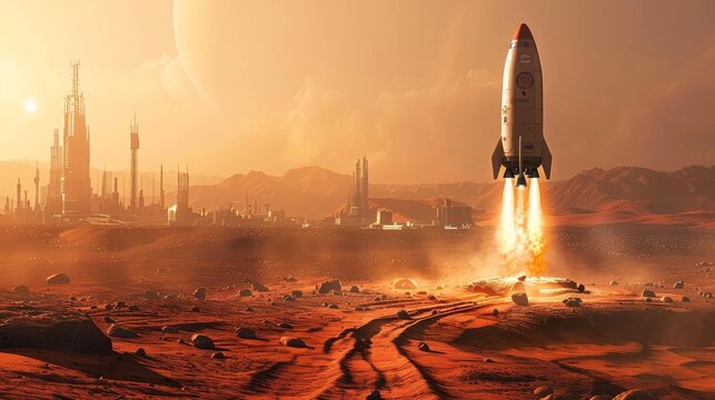 A depiction of a rocket launch at a bustling Mars colony, with futuristic architecture under an alien sunset, capturing human exploration and settlement on another planet. - Powered by Adobe