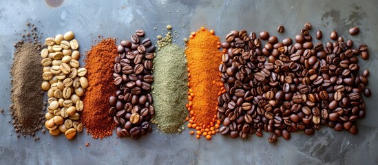 Various spices including pepper, turmeric, cinnamon, and coffee beans neatly arranged in a group.