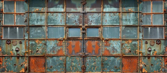 A weathered and rusted metal wall with many windows, showcasing the passage of time and decay.