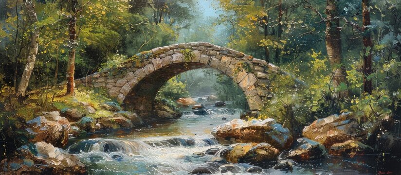 A painting of a stone bridge stretching over a flowing river.