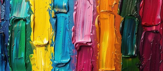 Detailed close-up of a rainbow colored abstract oil paint artwork.
