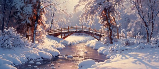 A painting of a bridge stretching over a snowy river, capturing the winter landscape with snow-covered trees and a gently flowing stream below.