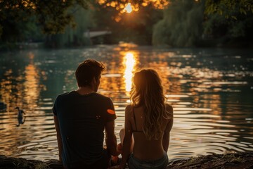 Fototapeta premium A romantic couple is lost in each other's company, watching a sun-kissed river at sunset