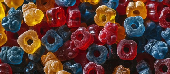 Colorful gummy bears in various flavors and colors arranged side by side in a group. - obrazy, fototapety, plakaty