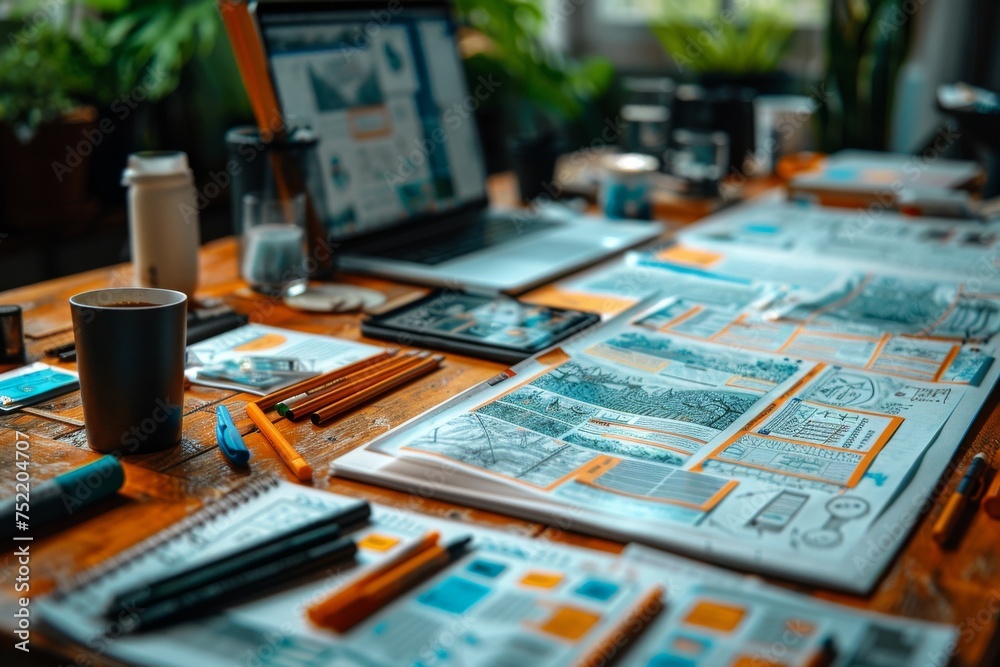 Wall mural close up ux developer and ui designer at office. generative ai