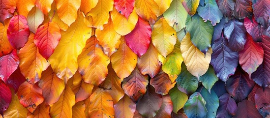 A vibrant display of rainbow-colored autumn leaves forming a beautiful wall in various shades of...