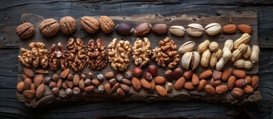 Naklejka premium A variety of nuts, including almonds, walnuts, and peanuts, are neatly laid out on a wooden surface, creating a visually appealing display.