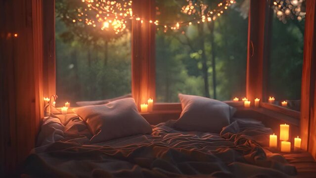 A bedroom with candles burning brightly in the window, casting a warm glow in the room. The flickering flames illuminate the space with a cozy ambience